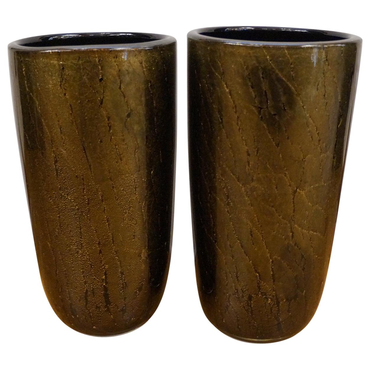 Alberto Donà Art Deco Black Gold Pair of Murano Glass Vases Signed Jars, 1990s