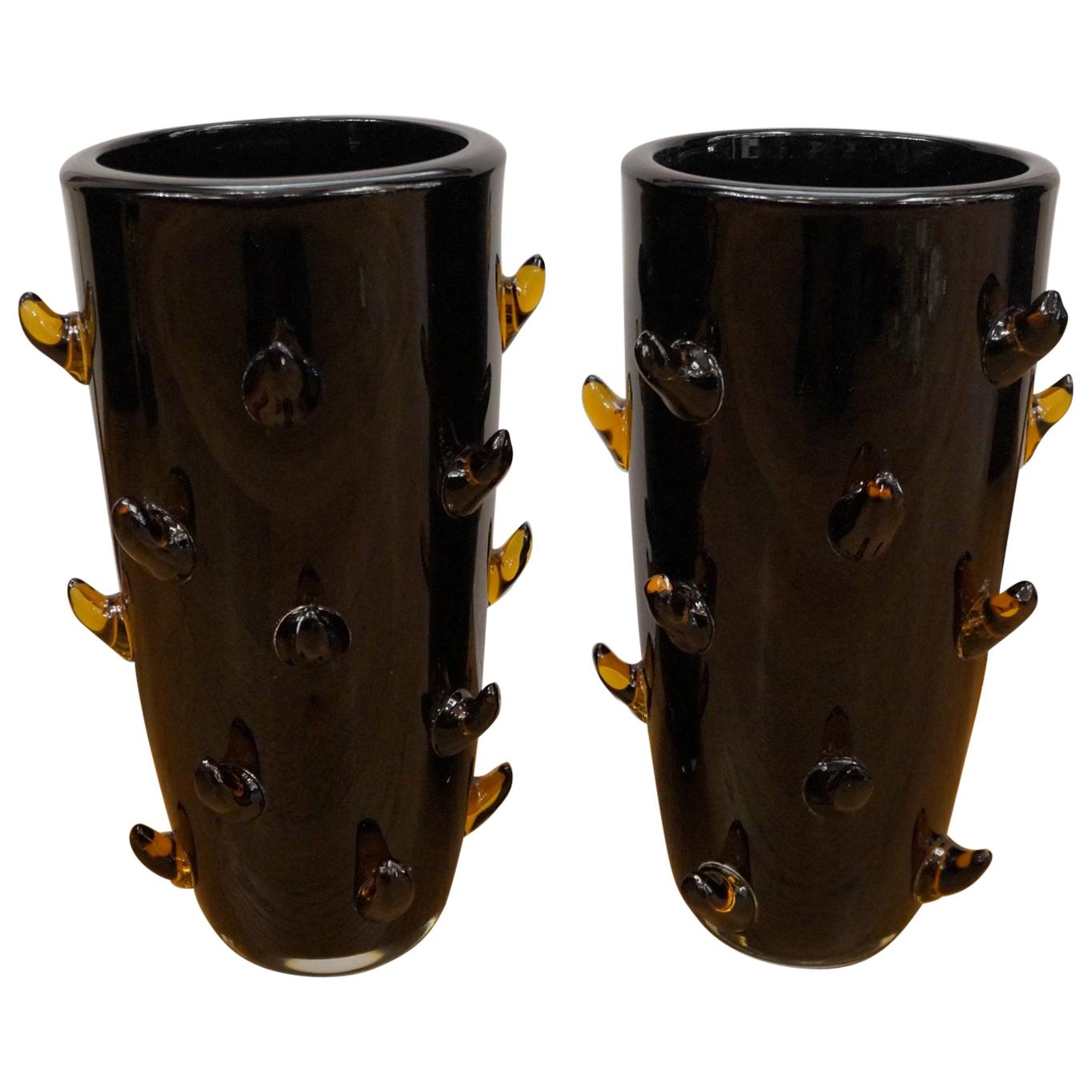 Toso Mid-Century Modern Black Amber Pair of Murano Glass Vases Signed Jars, 1988