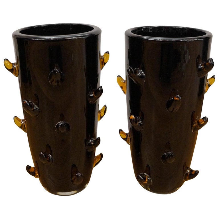 Toso Mid-Century Modern Black Amber Pair of Murano Glass Vases Signed Jars, 1988 For Sale