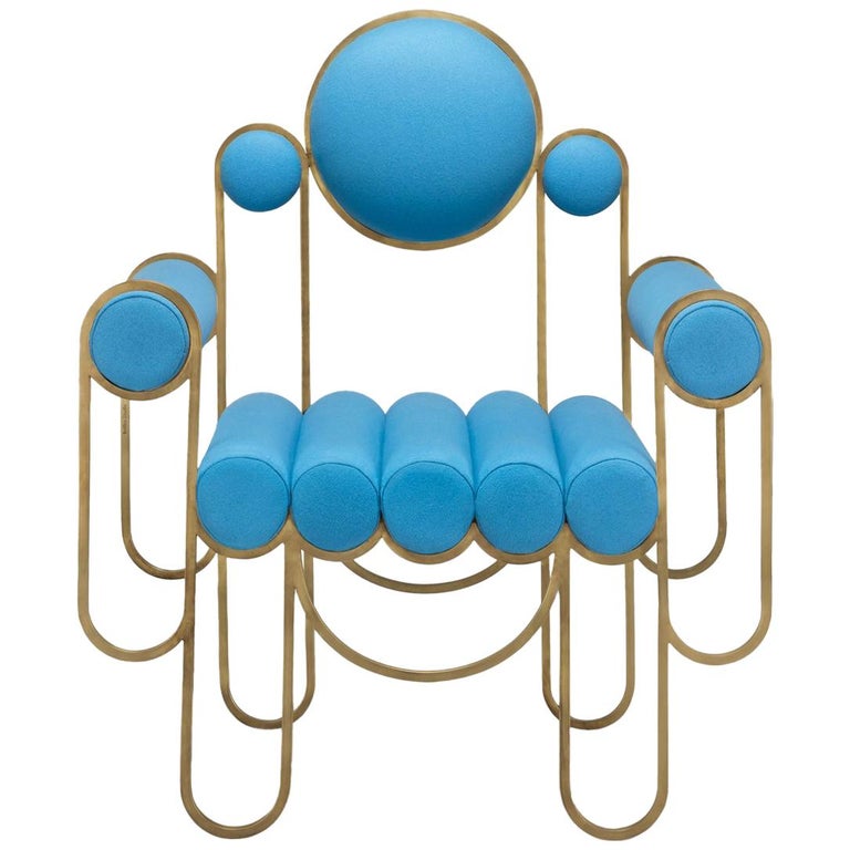 Apollo Armchair, Dark Brass Frame and Blue Wool by Lara Bohinc, In Stock 1