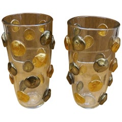 Toso Mid-Century Modern Crystal Amber Black Gold Pair of Murano Glass Vases 1995