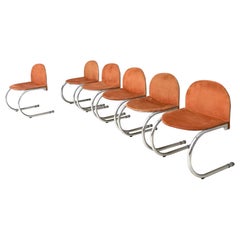 Set of Six Orange Skai Chairs with a Metal Tubular Frame, Italy, 1970s