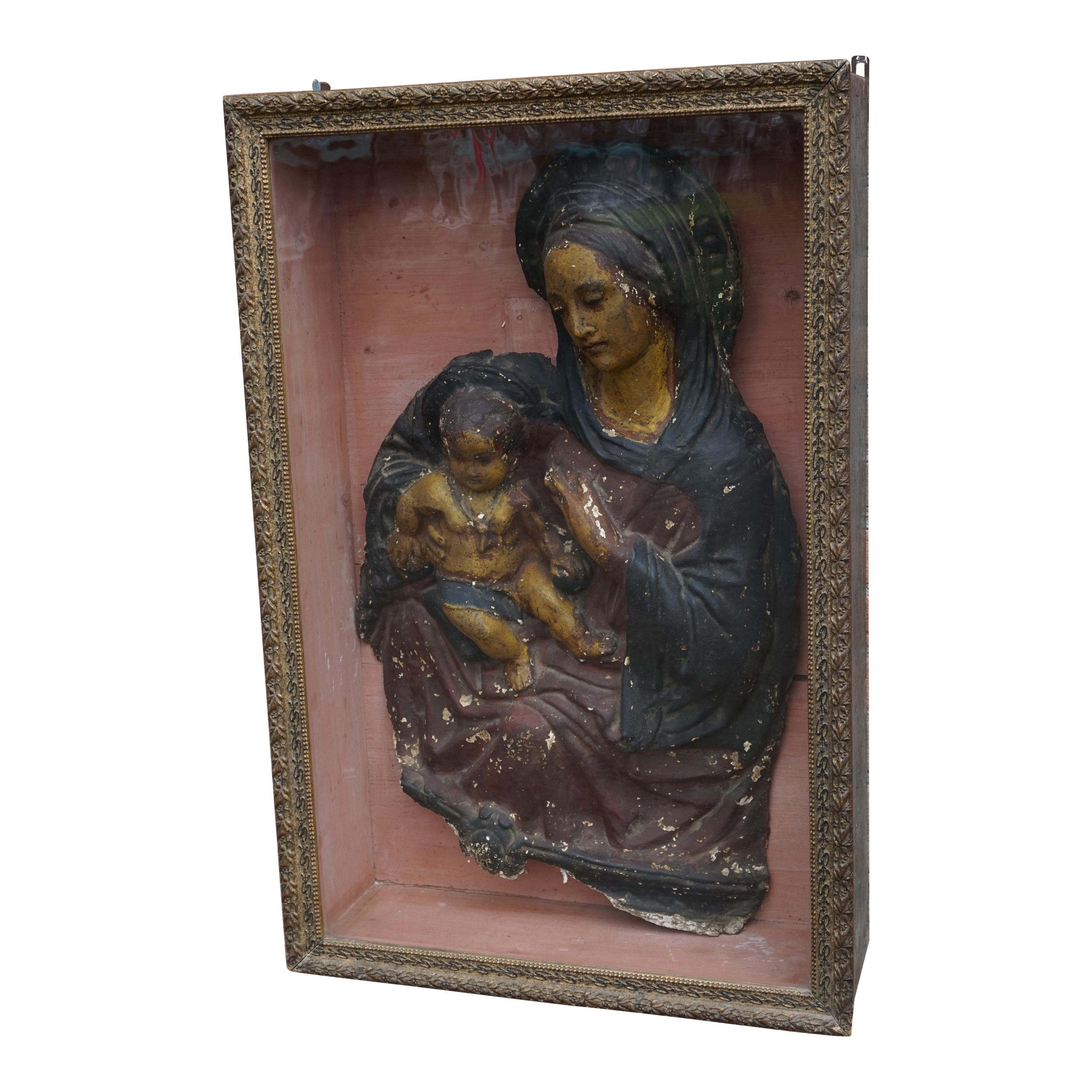 Antique Wall Display Cabinet with a Rare Mary & Child Jesus Sculpture Fragment For Sale