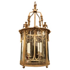 Vintage Wonderful French Dore Bronze Curved Glass Ormolu Bow Swag Tassel Lantern Fixture