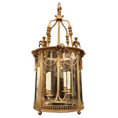 Wonderful French Dore Bronze Curved Glass Ormolu Bow Swag Tassel Lantern Fixture