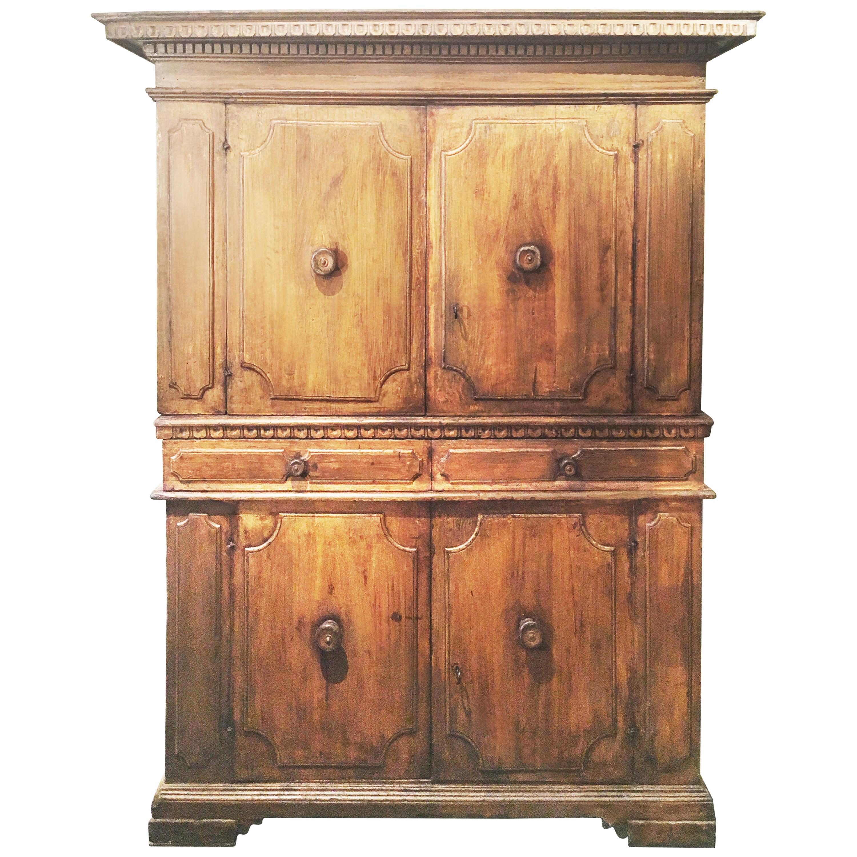 Early 17th Century Central Italian Painted Oak Wood Double Body Cabinet  For Sale