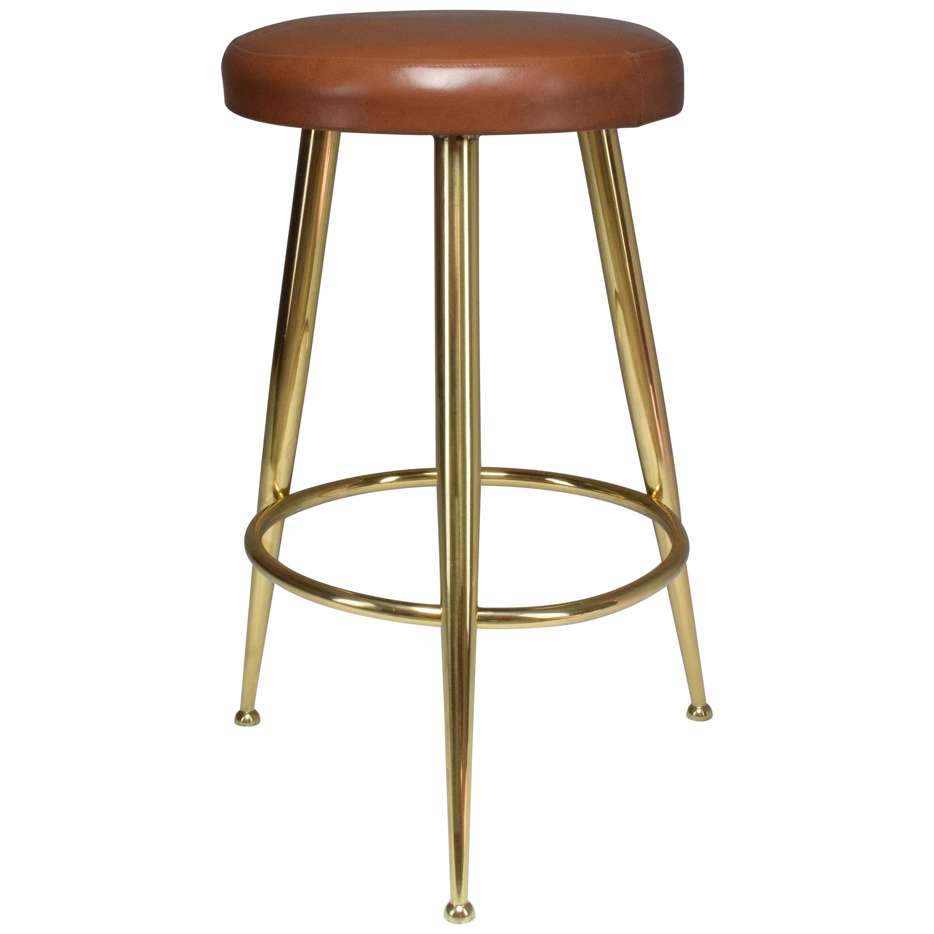 Italian Midcentury Brass and Leather Stool by Ico Parisi, 1950s 