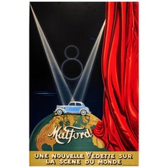 Affiche publicitaire originale vintage de voitures classiques Matford V8 avec dessin de scène Art Déco