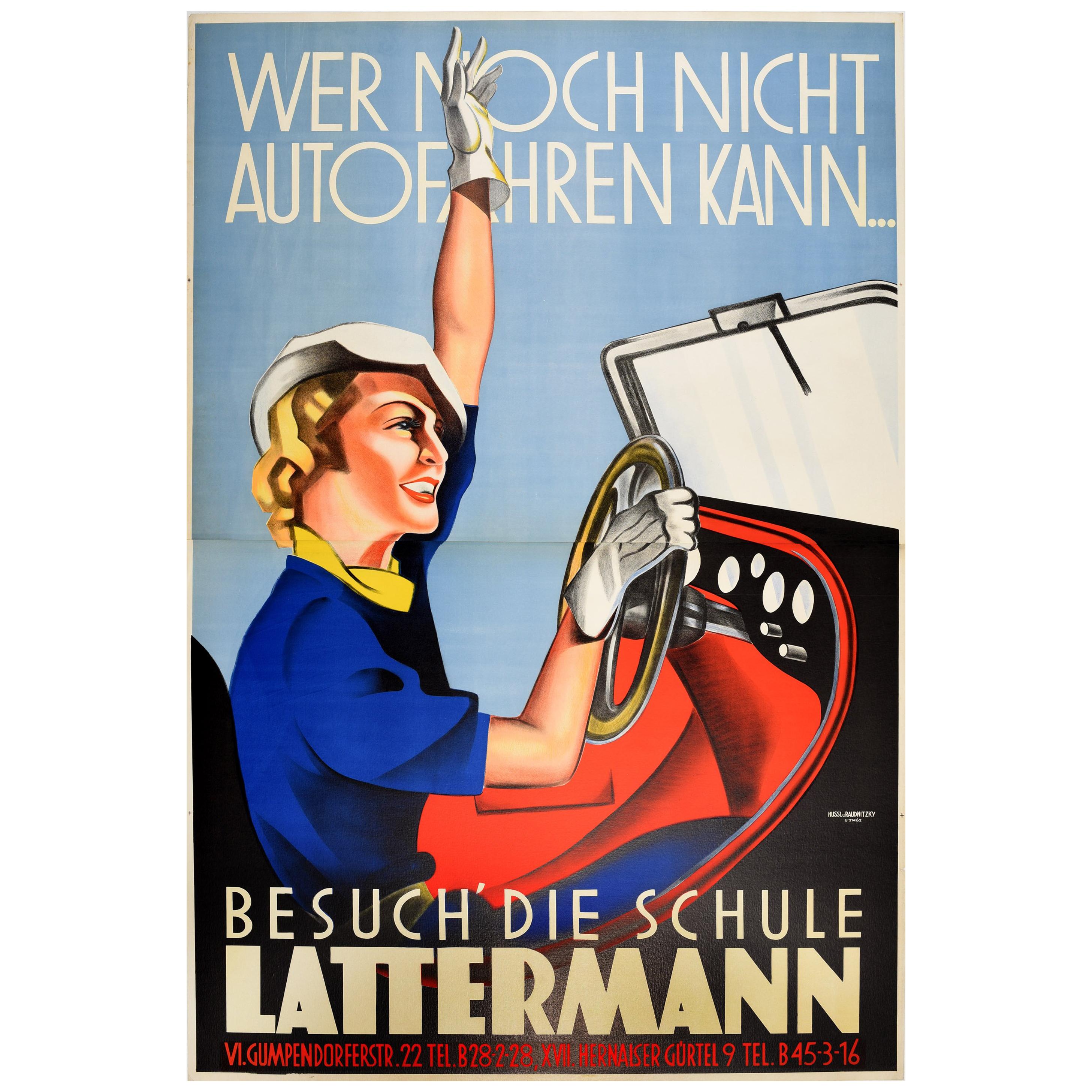 Original Vintage Art Deco Style Advertising Poster for Lattermann Driving School For Sale