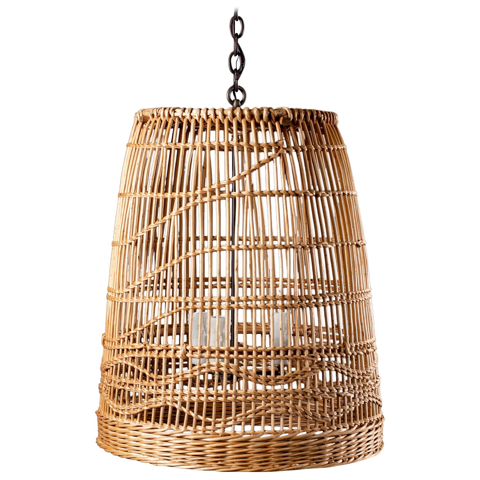 Vintage French Woven Reed Basket Chandelier Light Fixture Lantern, circa 1920 For Sale