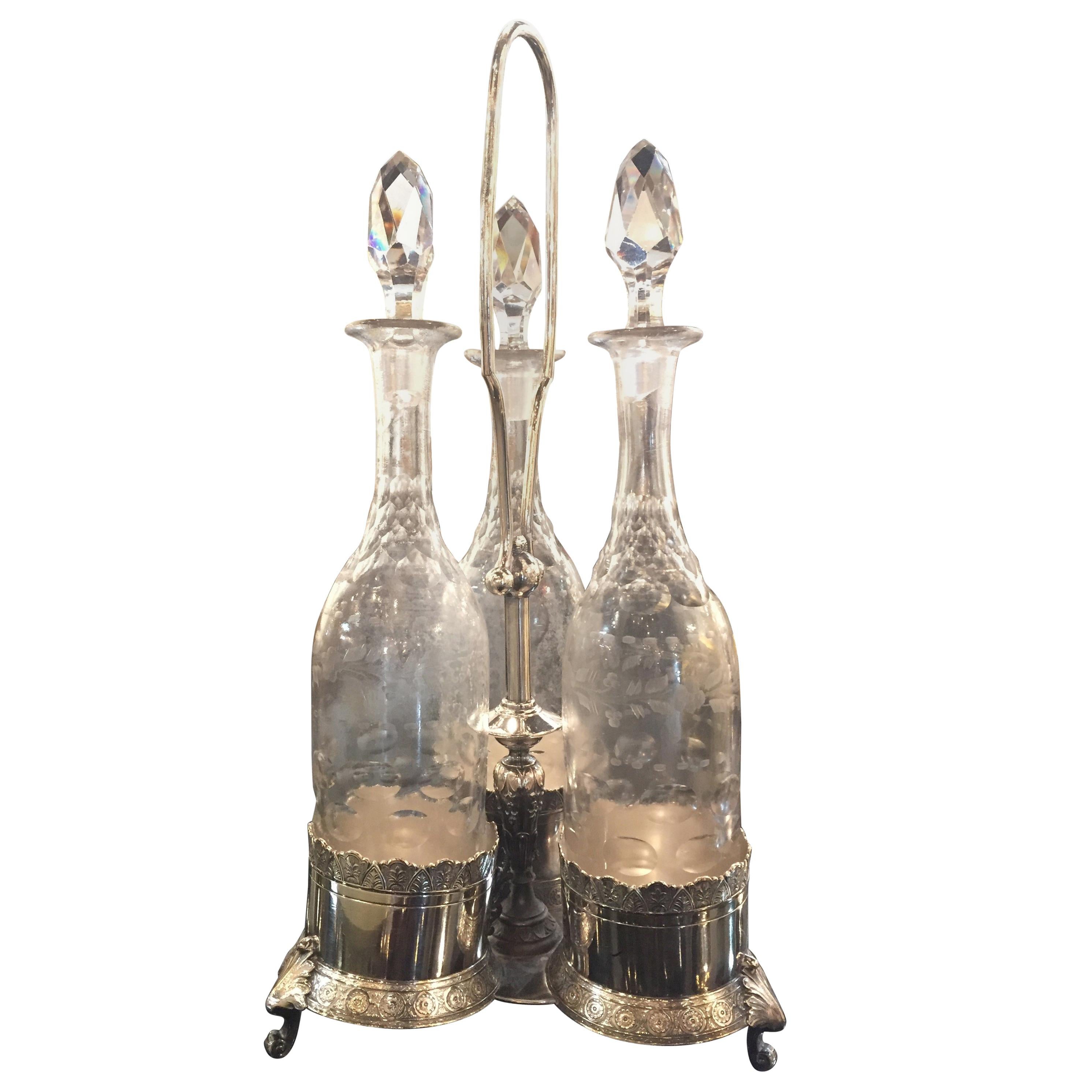 Quality Antique Silver Plate 3-Bottle Tantalus, circa 1900