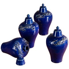 Set of Four Lapis Lazuli Blue Hand Glazed Modern Vessels Pots Jars with Lids