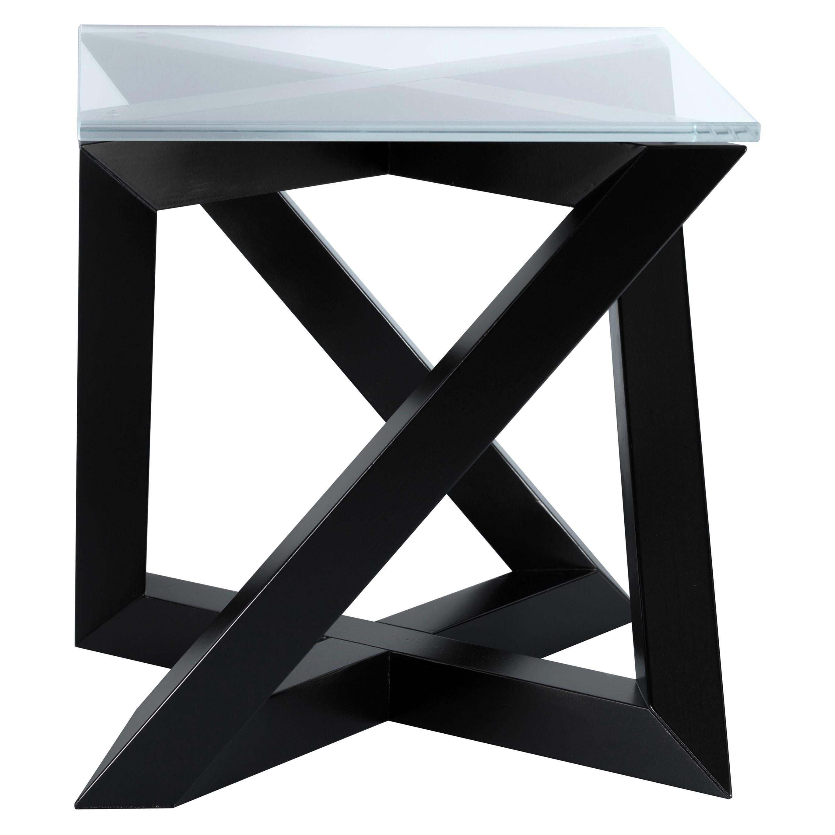 "RK" Modern Wood Side Table with Square Crystal Extra White Glass Top For Sale