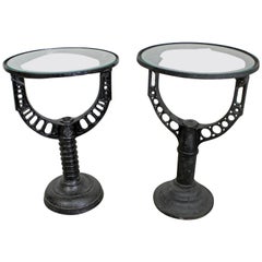 Pair of Vintage Industrial Wrought Iron Glass Top End/Side Tables