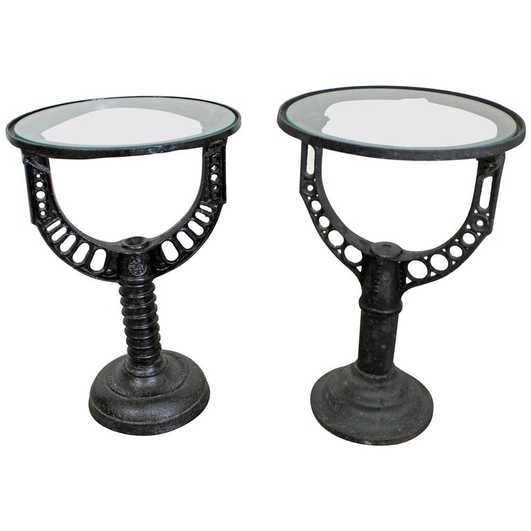 Pair Of Vintage Industrial Wrought Iron Glass Top End Side Tables