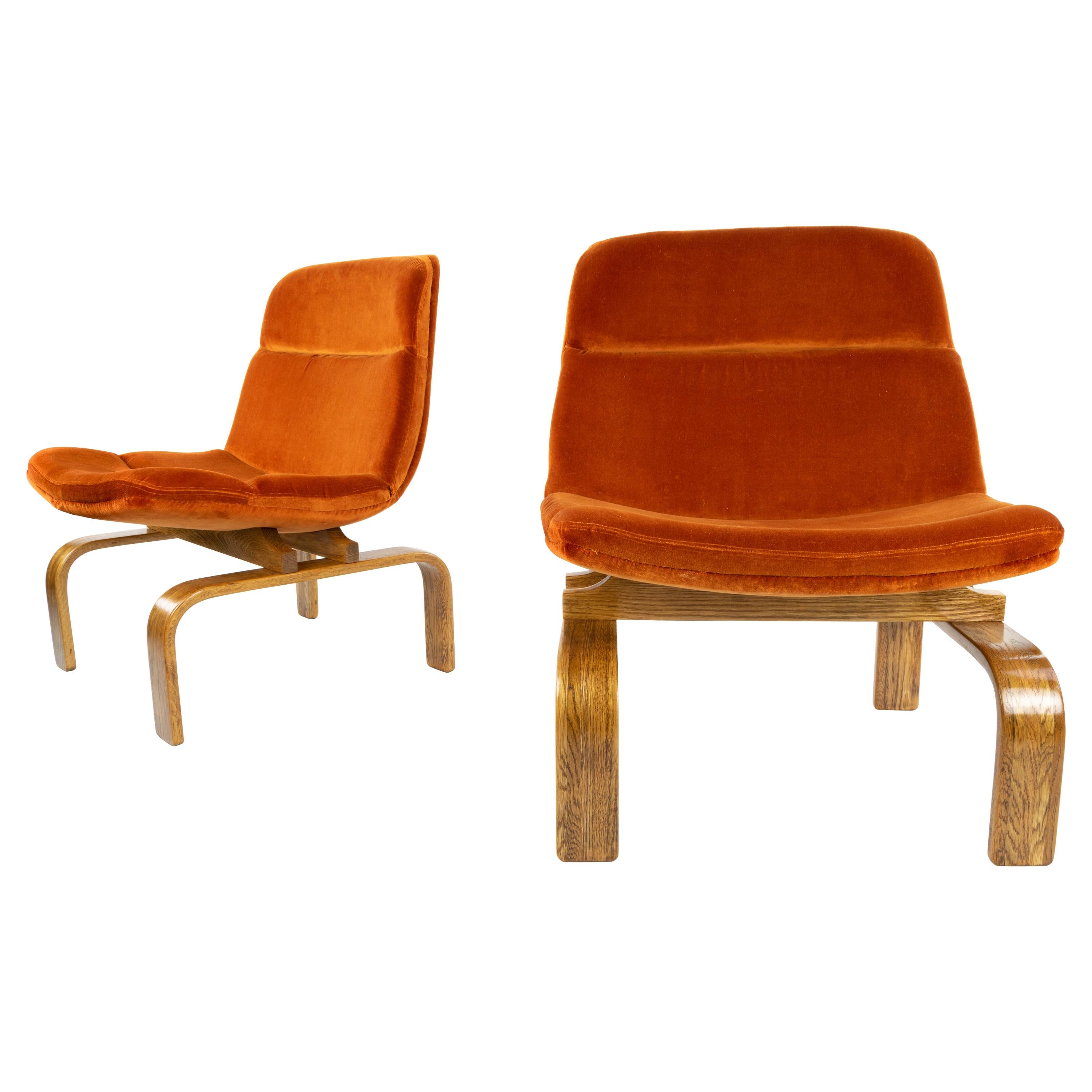 Two Midcentury Orange Velvet and Oak Lounge Chairs by AG Barcelona, 1960