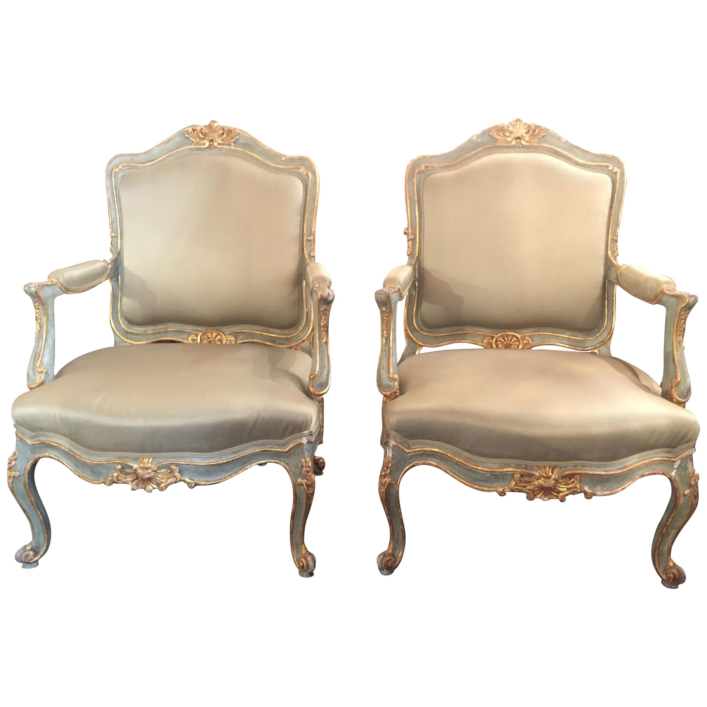 Pair or 18th Century Louis XV Style Parcel Gilt Armchairs