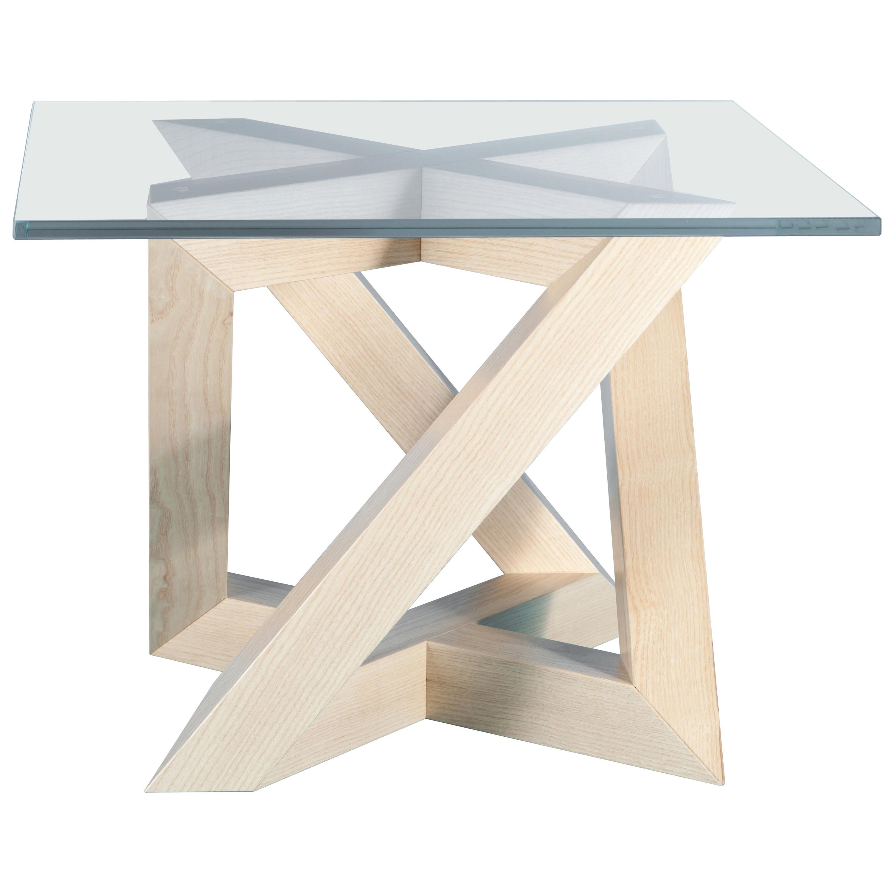 "RK" Modern Wood Side Table with Big Square Crystal Extra White Glass Top For Sale
