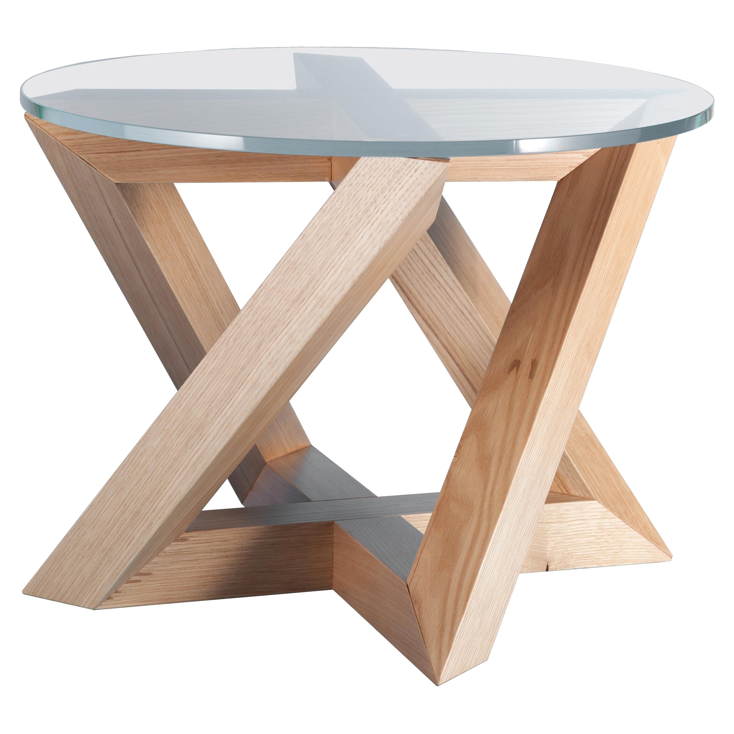 "RK" Modern Wood Side Table with Circle Crystal Extra White Glass Top For Sale