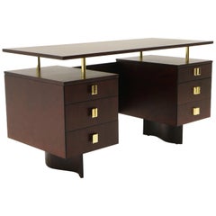 Eliel Saarinen Desk, Expertly Restored, Dark Stained Birch, Brass Pulls
