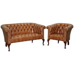 Handgefertigt in England Chesterfield Braun Leder Wanne Sessel & 2 Kleine Sitz Sofa