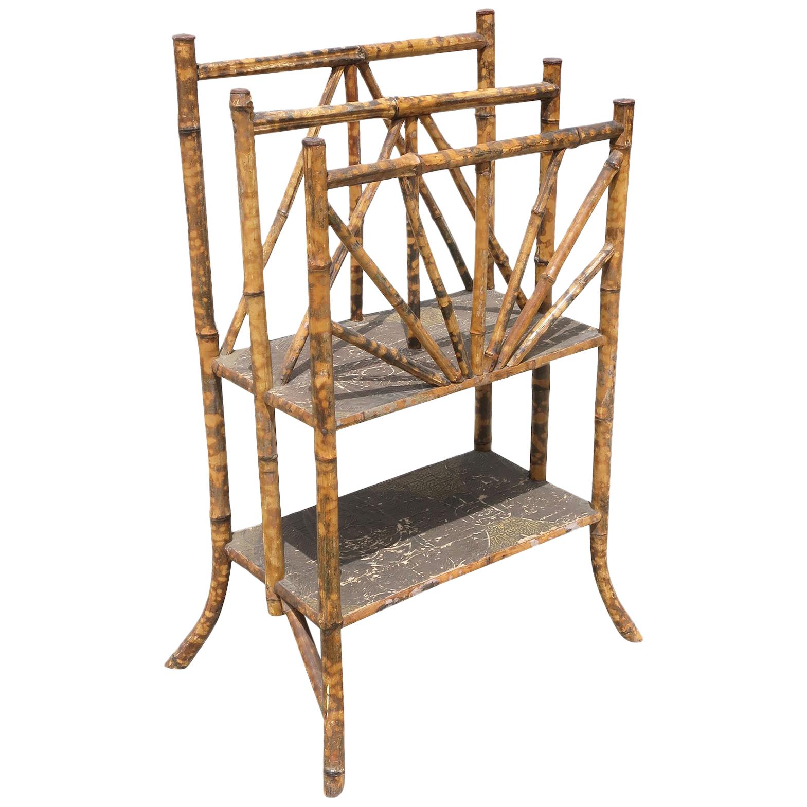 Restored Antique Tiger Bamboo Magazine Rack with Divider and Bottom Shelf
