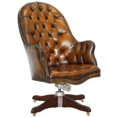 Antique Original 1920 Hillcrest Fully Restored Brown Leather Chesterfield Captains Chair