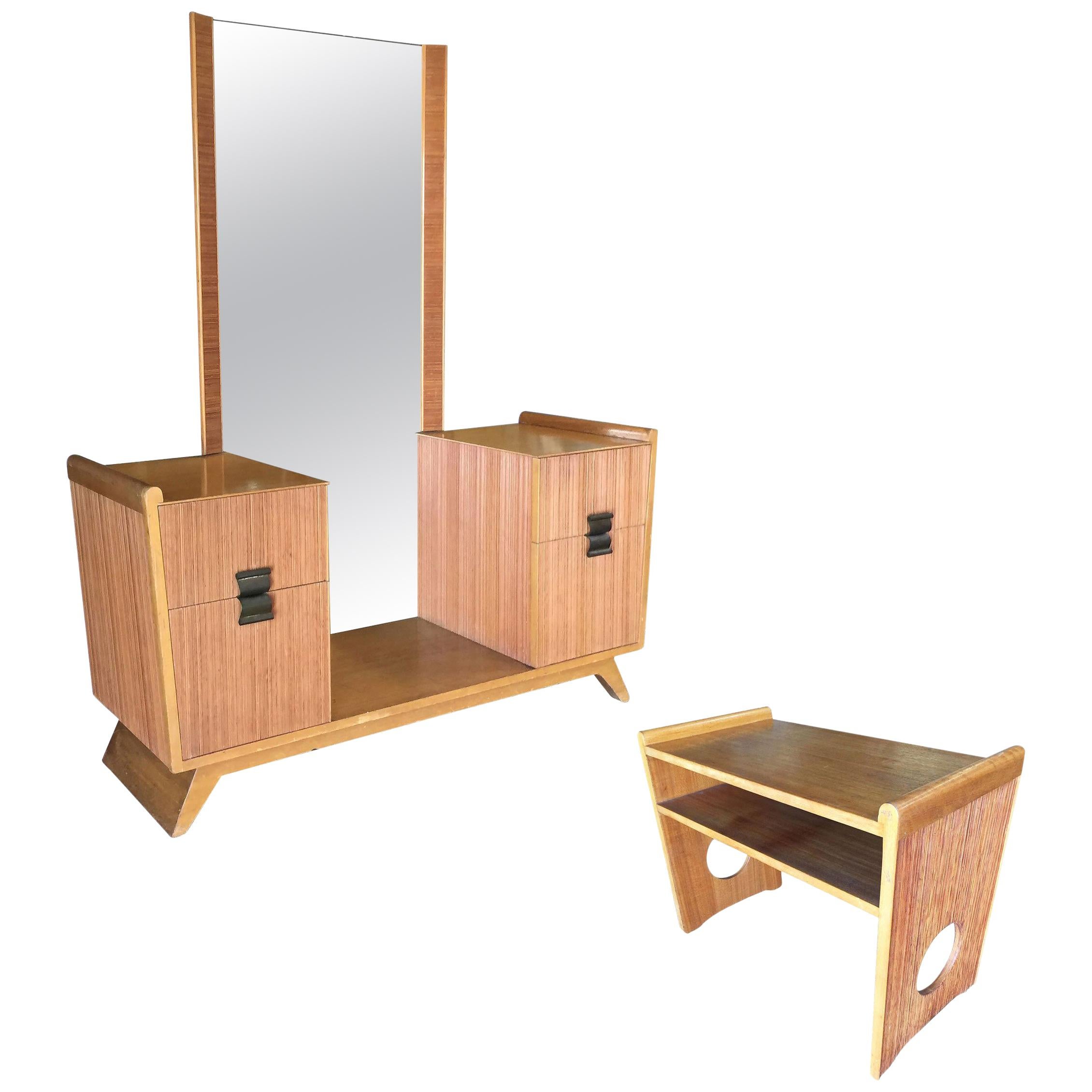 Paul Frankl Combed Wood Vanity with Stool for Brown Saltman
