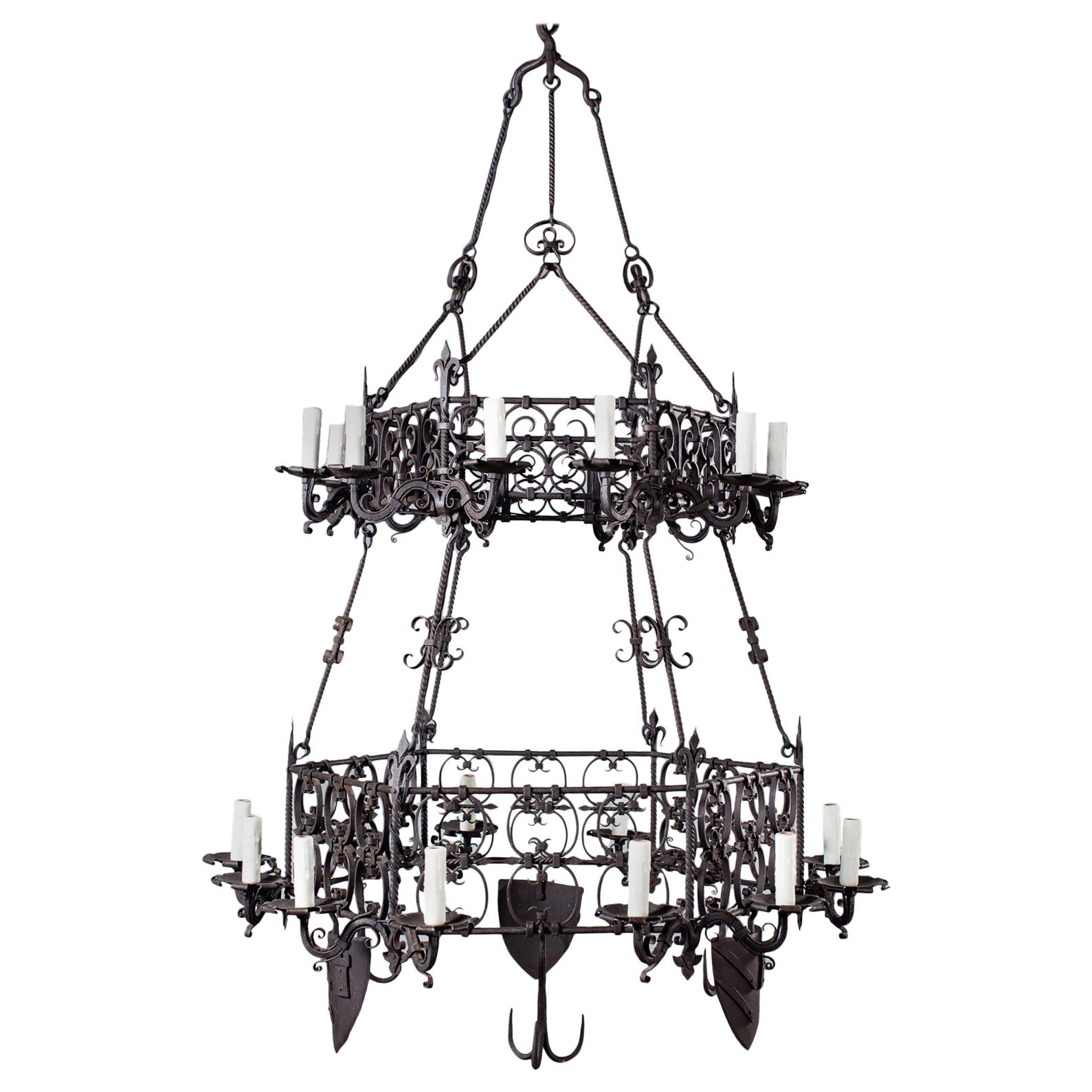 Antique German Two-Tier Forged Iron Chandelier, circa 1880 24 Lights For Sale