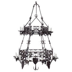 Antique German Two-Tier Forged Iron Chandelier, circa 1880 24 Lights