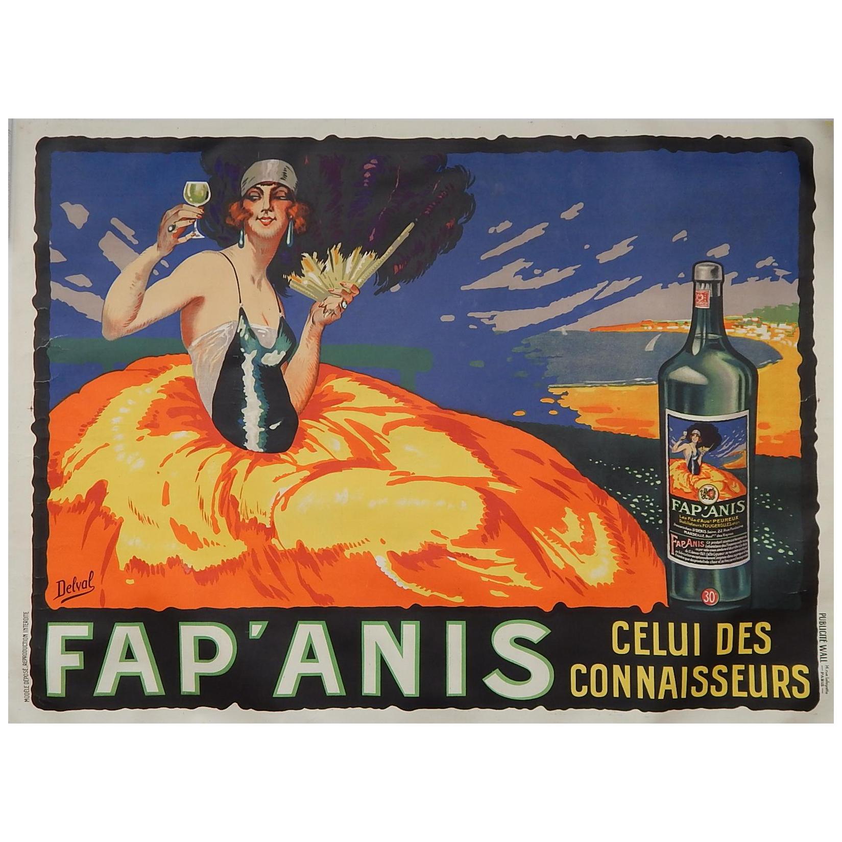 Original Vintage French Art Deco Poster by Delval, circa 1930s, Fap' Anis