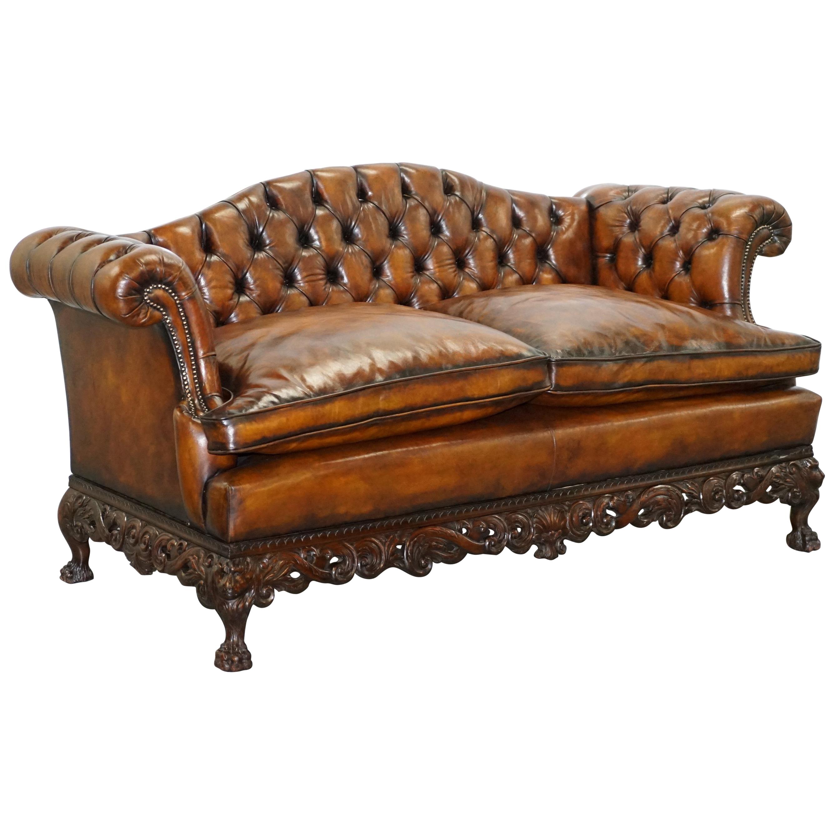 Victorian Restored Chesterfield Hand Dyed Brown Leather Sofa Lion Hairy Paw Feet