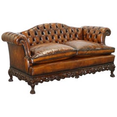 Victorian Restored Chesterfield Hand Dyed Brown Leather Sofa Lion Hairy Paw Feet