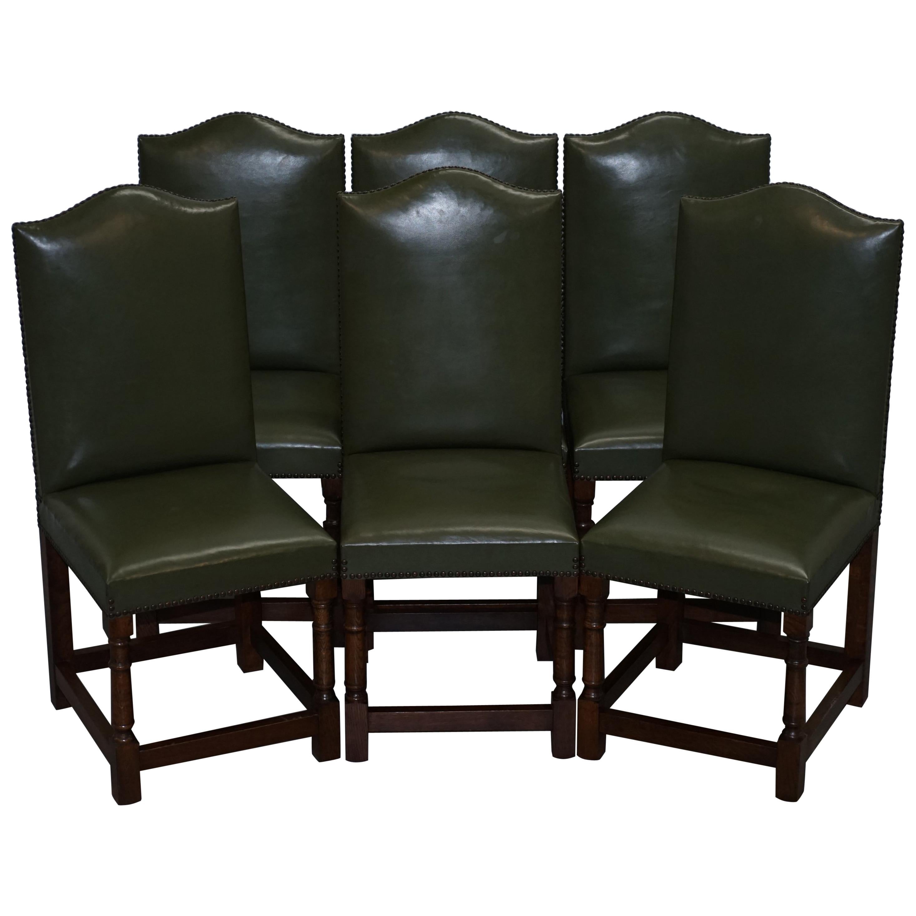 Nice Set of Six Edwardian English Oak and Green Leather High Back Dining Chairs