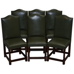 Antique Nice Set of Six Edwardian English Oak and Green Leather High Back Dining Chairs