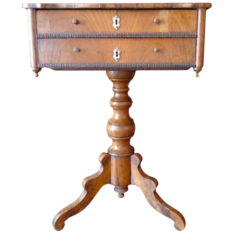 French 19th Century Walnut 2 Drawer Sewing Table With Inlay Top