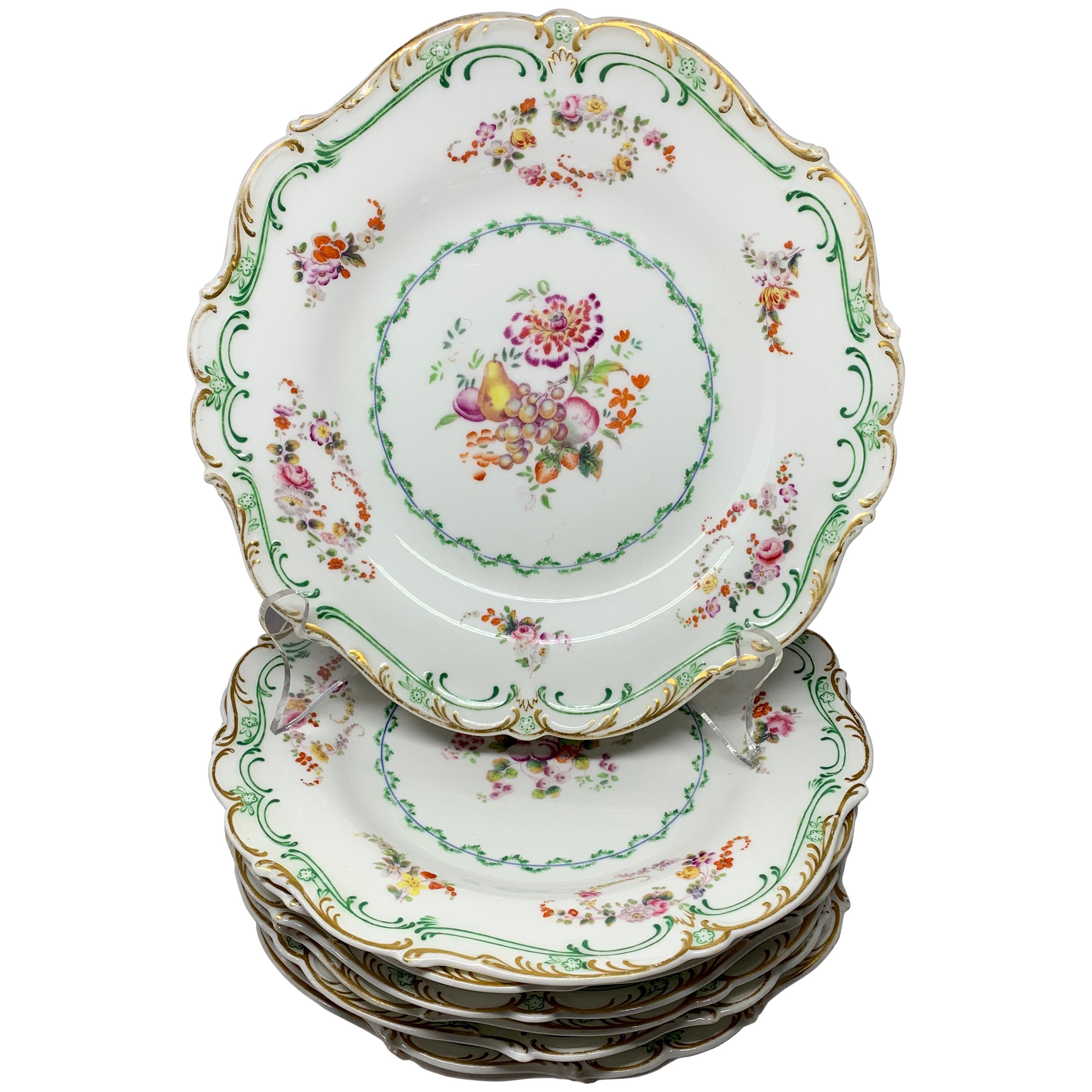 Set of Eight Green and Gilt Banded Floral Plates 