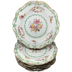 Set of Eight Green and Gilt Banded Floral Plates