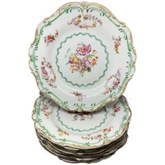 Set of Eight Green and Gilt Banded Floral Plates 