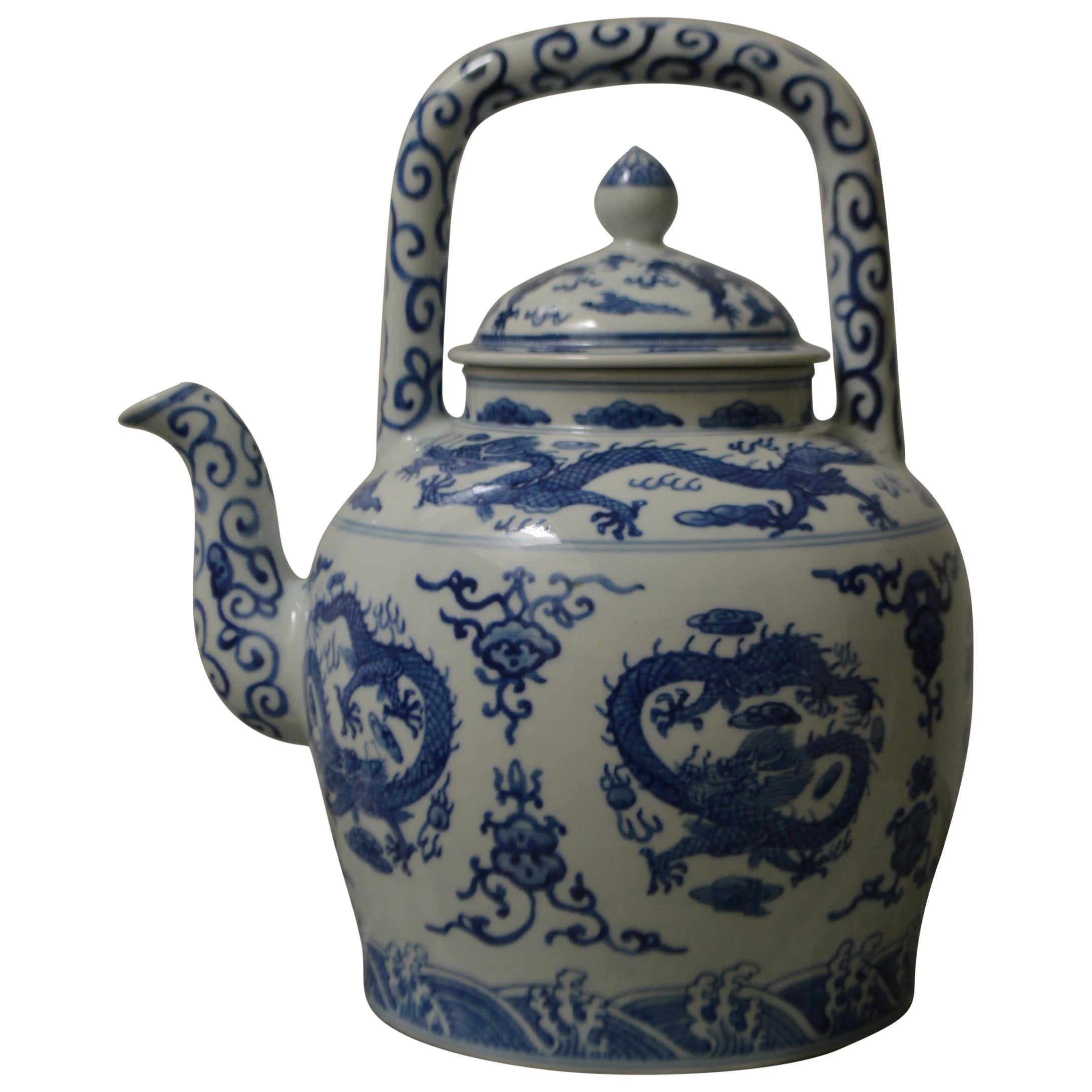 Large Blue and White Porcelain Tea Pot For Sale