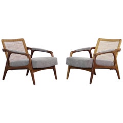 Set of 2 Midcentury Easy Chairs in Teak and Wicker, 1950s