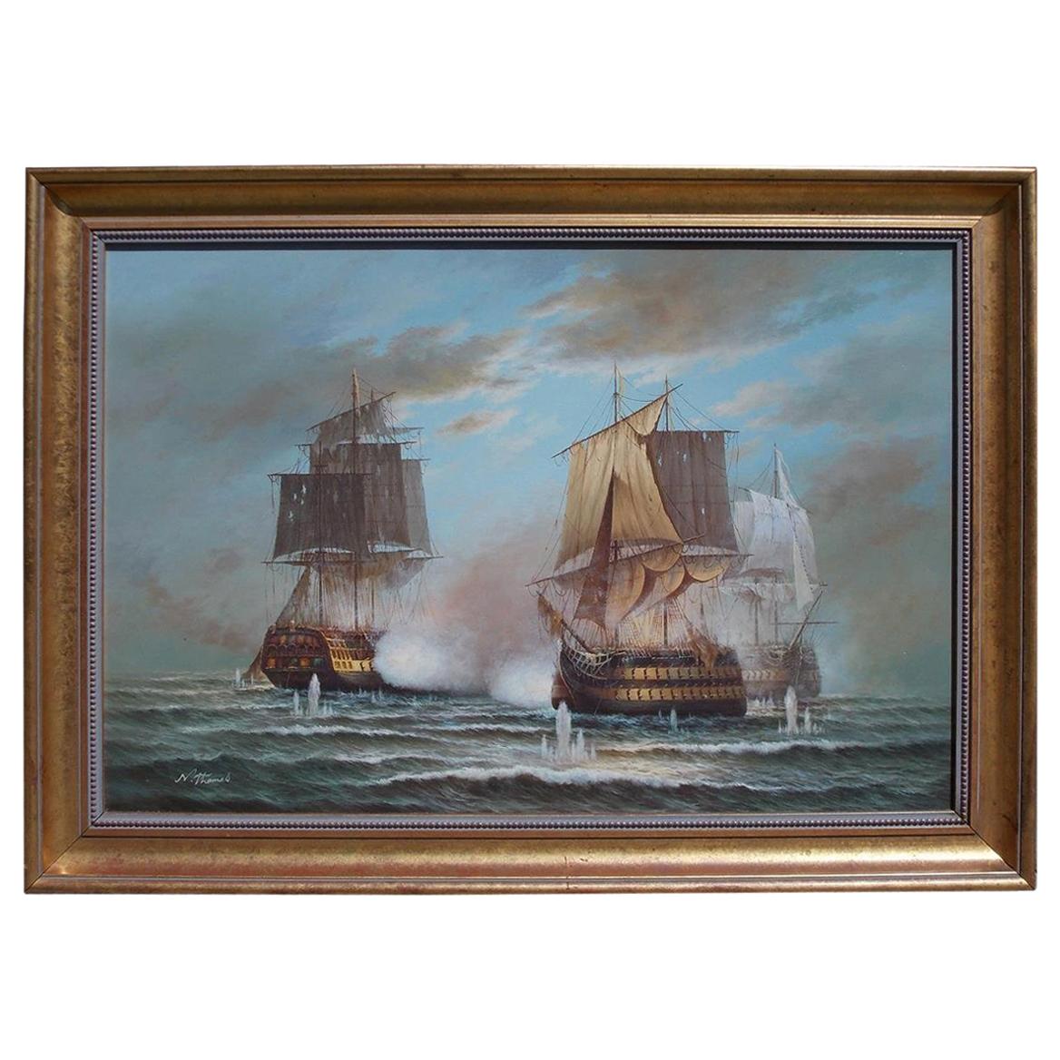 American Nautical Oil on Canvas Battling Ships at Sea, 20th Century, N. Thomas