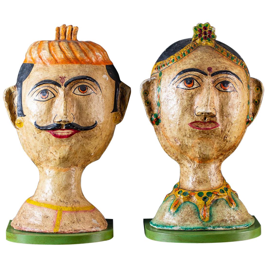 Pair of Papier Mâché Vintage Indian Male Female Figures Custom Brackets For Sale