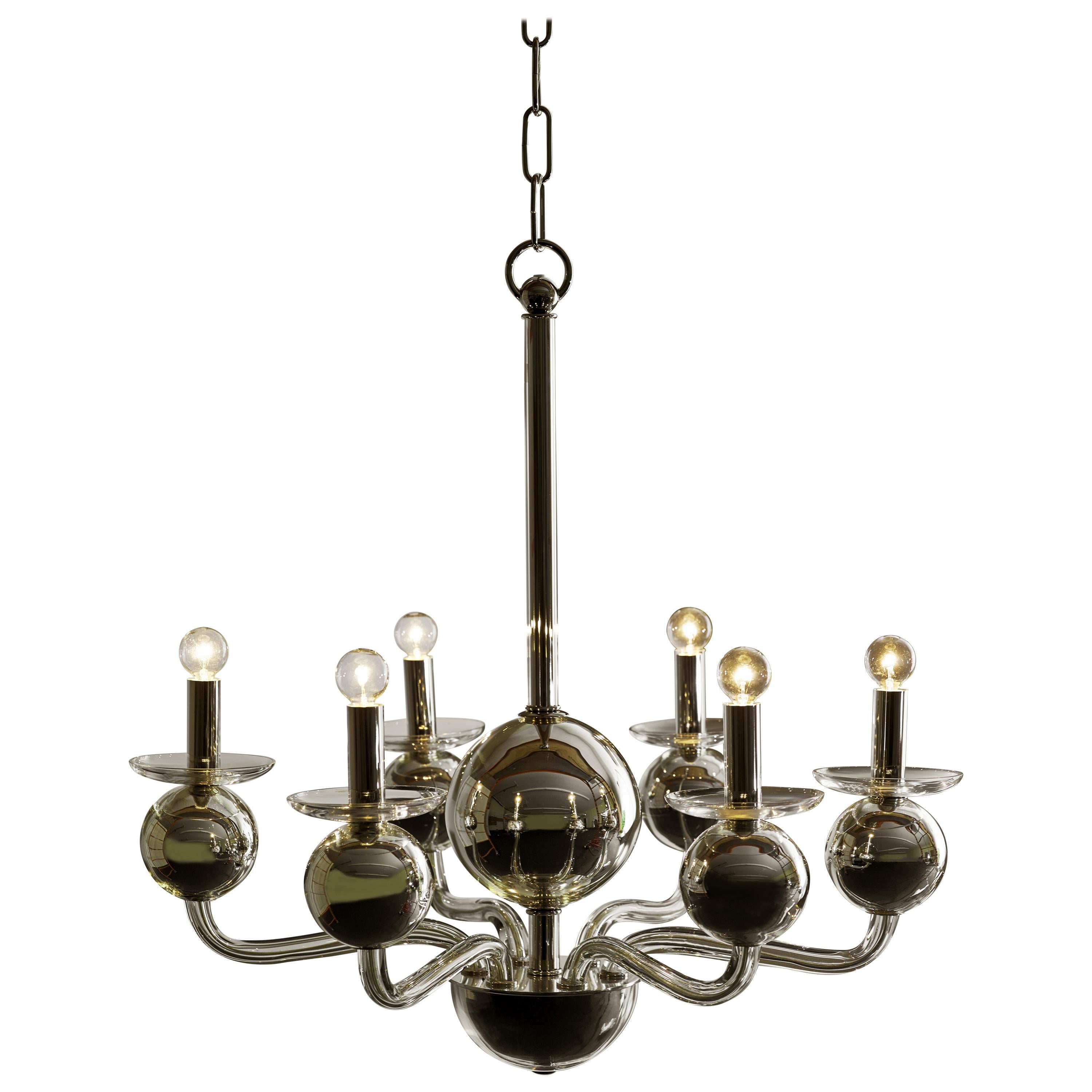 Six-Arm Silvered Glass Chandelier For Sale
