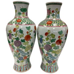 Pair of Chinese Asian Porcelain Baluster Vases with Hand Painted Flowers & Vines