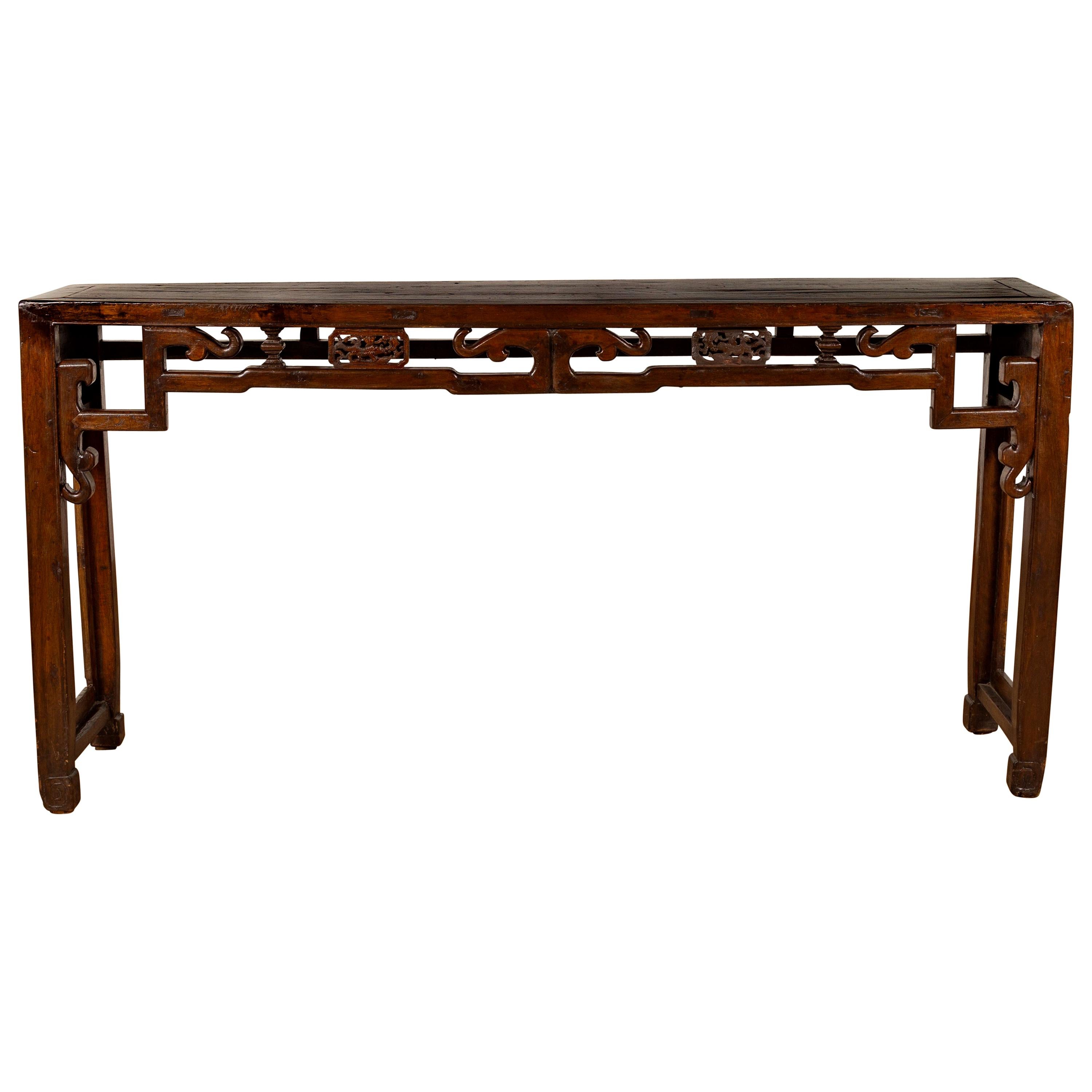 Chinese Narrow Altar Console Table with Open Fretwork Frieze and Horse Hoof Legs