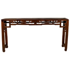 Antique Chinese Narrow Altar Console Table with Open Fretwork Frieze and Horse Hoof Legs