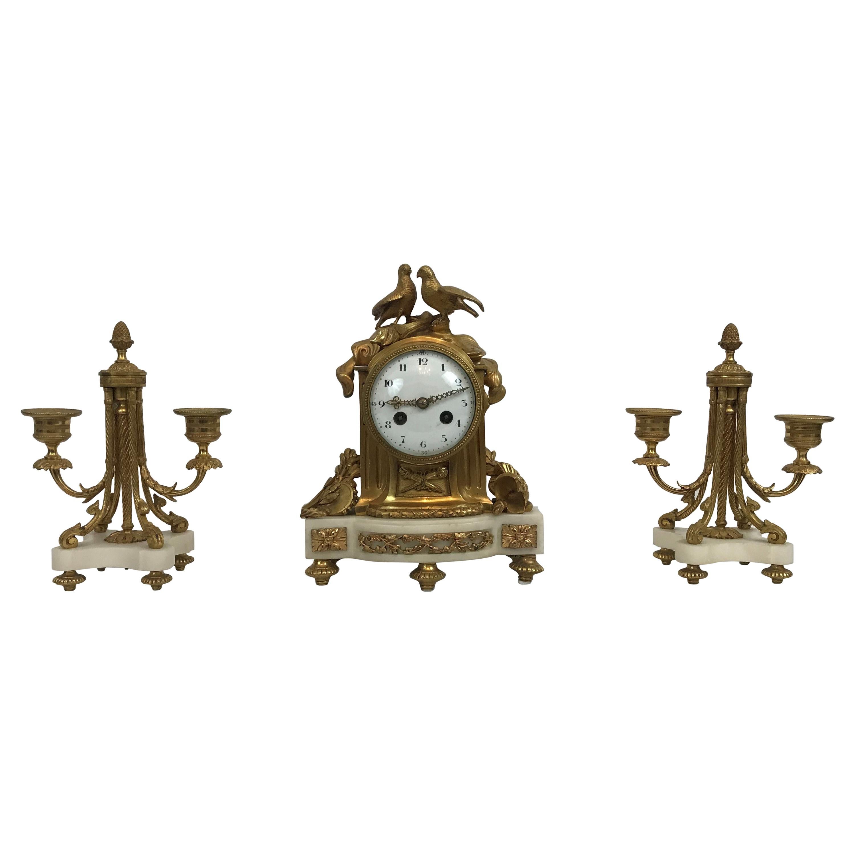Vincenti et Cie Diminutive Clock Set, French Marble and Ormolu, circa 1890-1900 For Sale