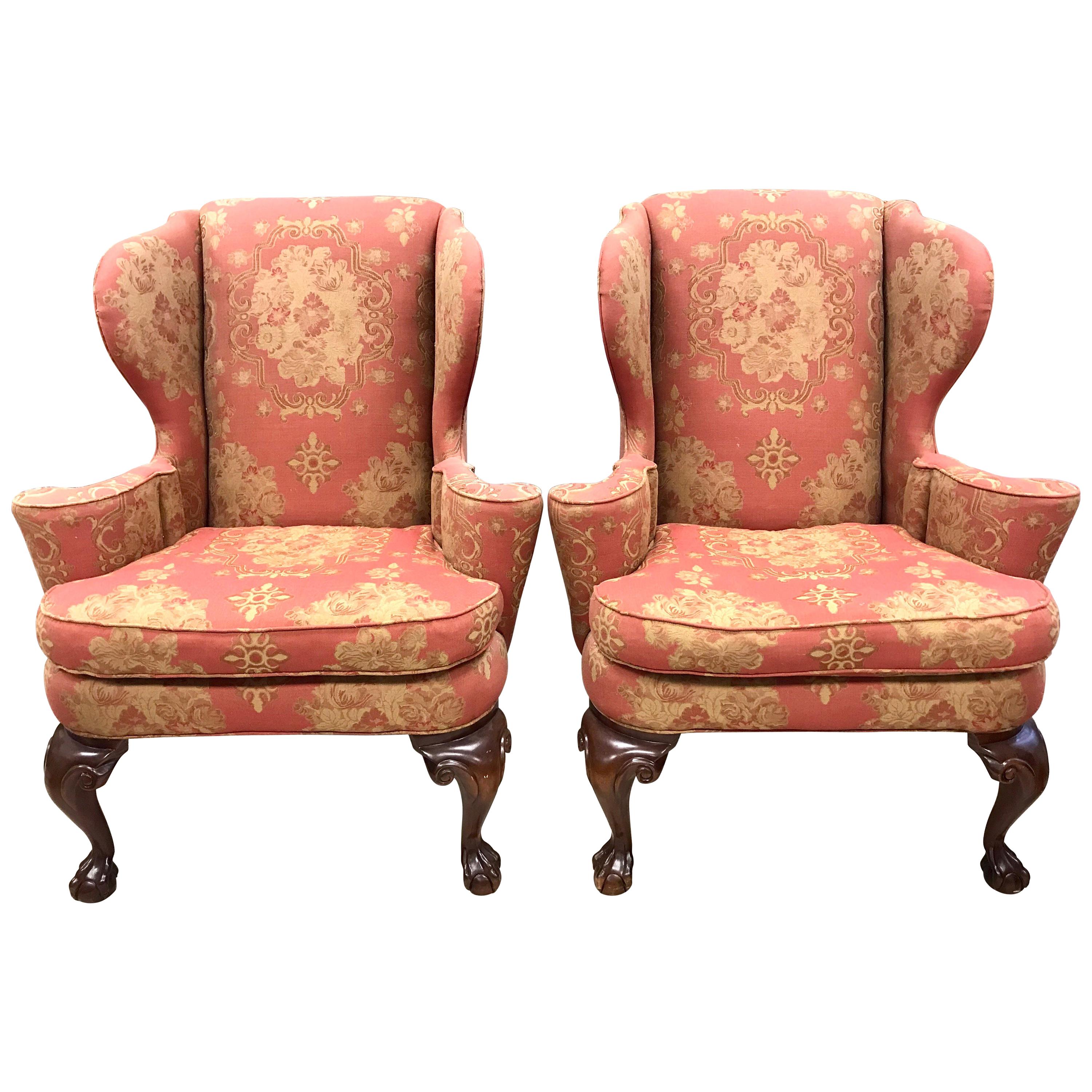 Pair of Antique Chippendale Wingback Chairs Armchairs