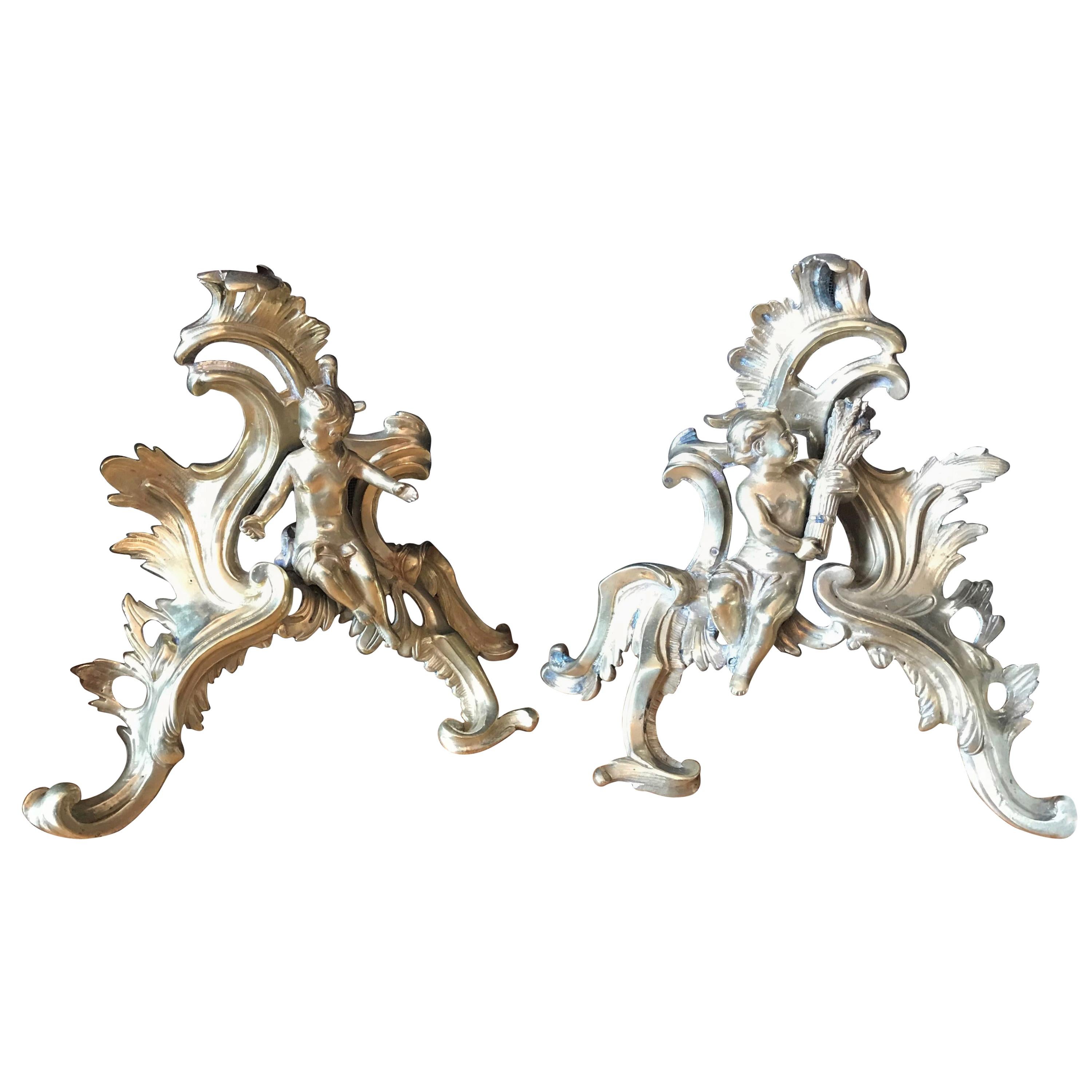 Small Pair of French Ormolu Fireplace Chenets, Cherub Motif, circa 1890-1900 For Sale
